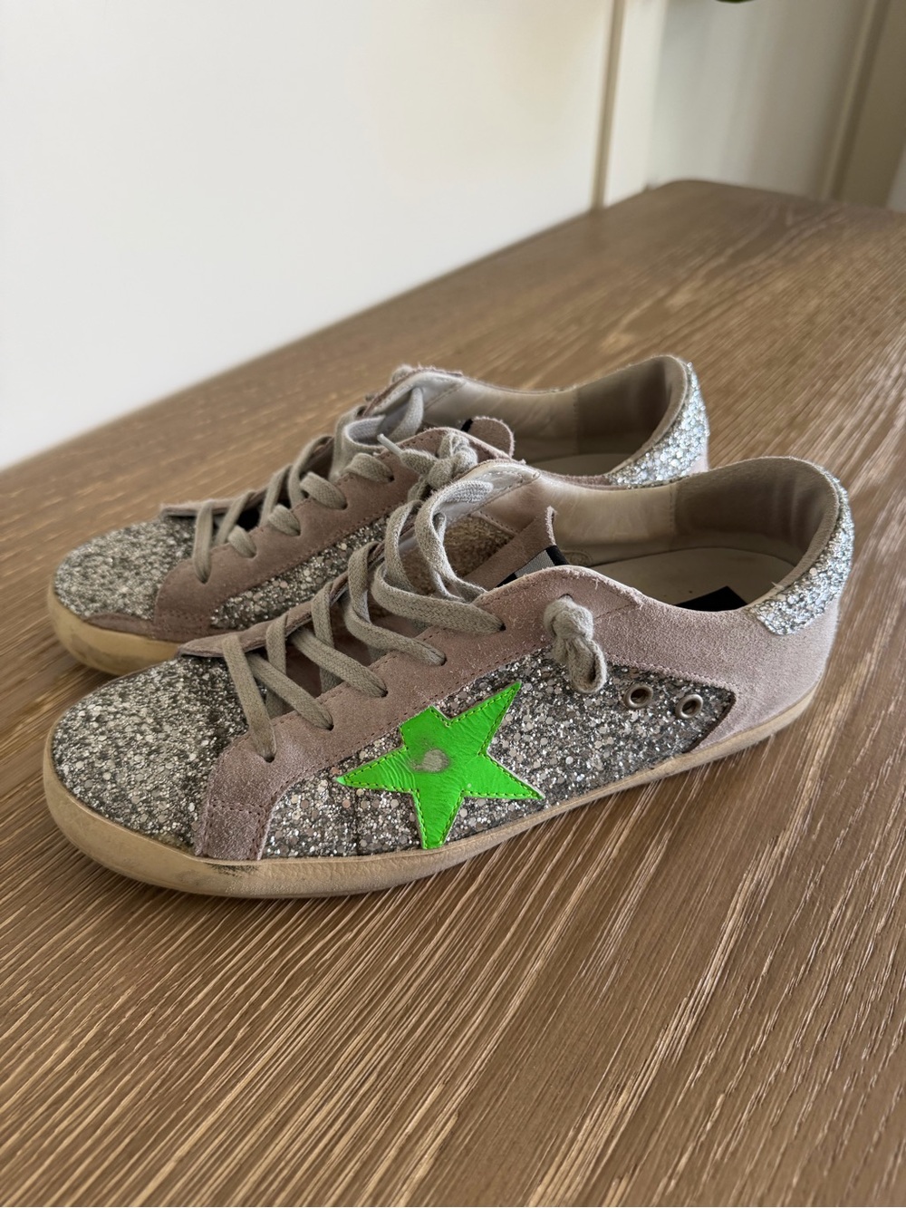 Golden Goose Silver Glitter Sneakers with Neon Green Star